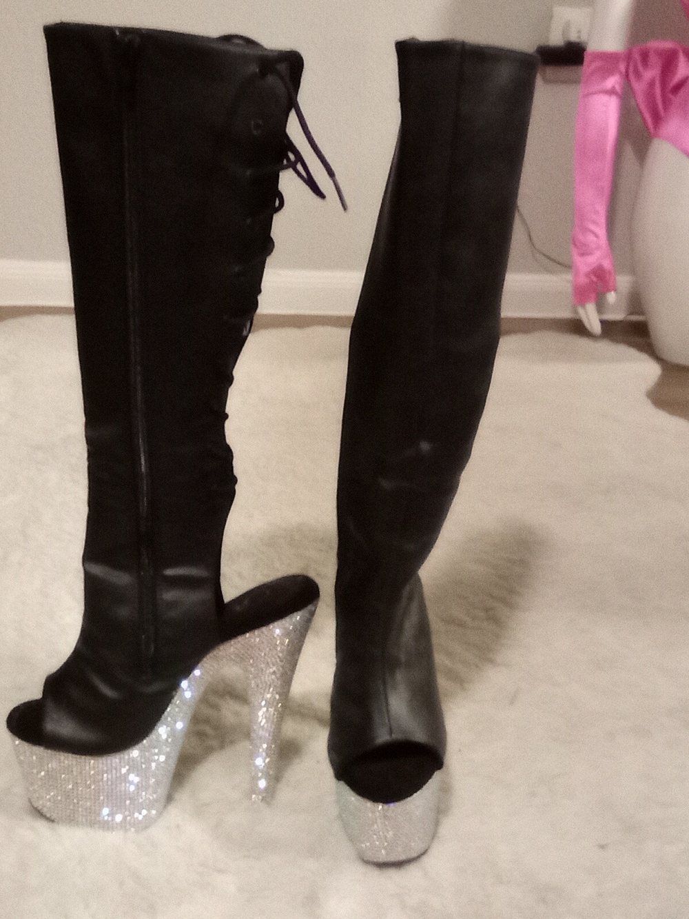 Black Lace-Up Knee-High Peep-Toe Boots with Silver Crystal Platform